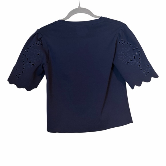 Anthropologie Maeve Twofer Sweater Tee Navy Blue Eyelet Sleeve Top Knit Twee - Picture 3 of 6